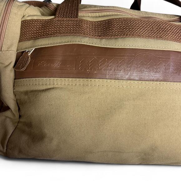 Eddie Bauer Ford Vintage 90s Weekender Duffle Travel Bag Khaki Canvas Leather - Picture 6 of 7